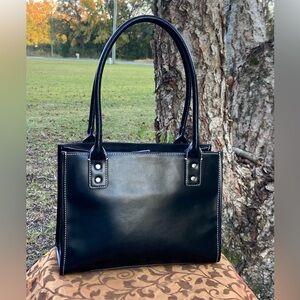 Wilson’s Leather Structured Black Leather Purse with Contrast Stitching, 9” drop